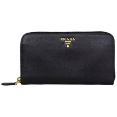 Prada Black Saffiano Leather Zip Around Wallet