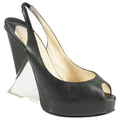 Christian Louboutin Black Leather and Lucite Slingback Peeptoe Platform, 37.5