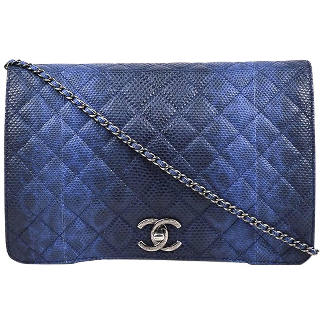 Chanel Blue Black Karung Snakeskin Ombre Flap Shoulder Bag For Sale