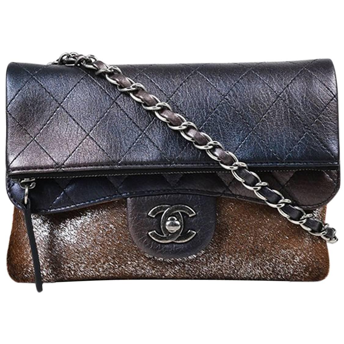 Chanel Brown Purple Ombre Iridescent Leather Pony Hair Double Flap Bag For Sale