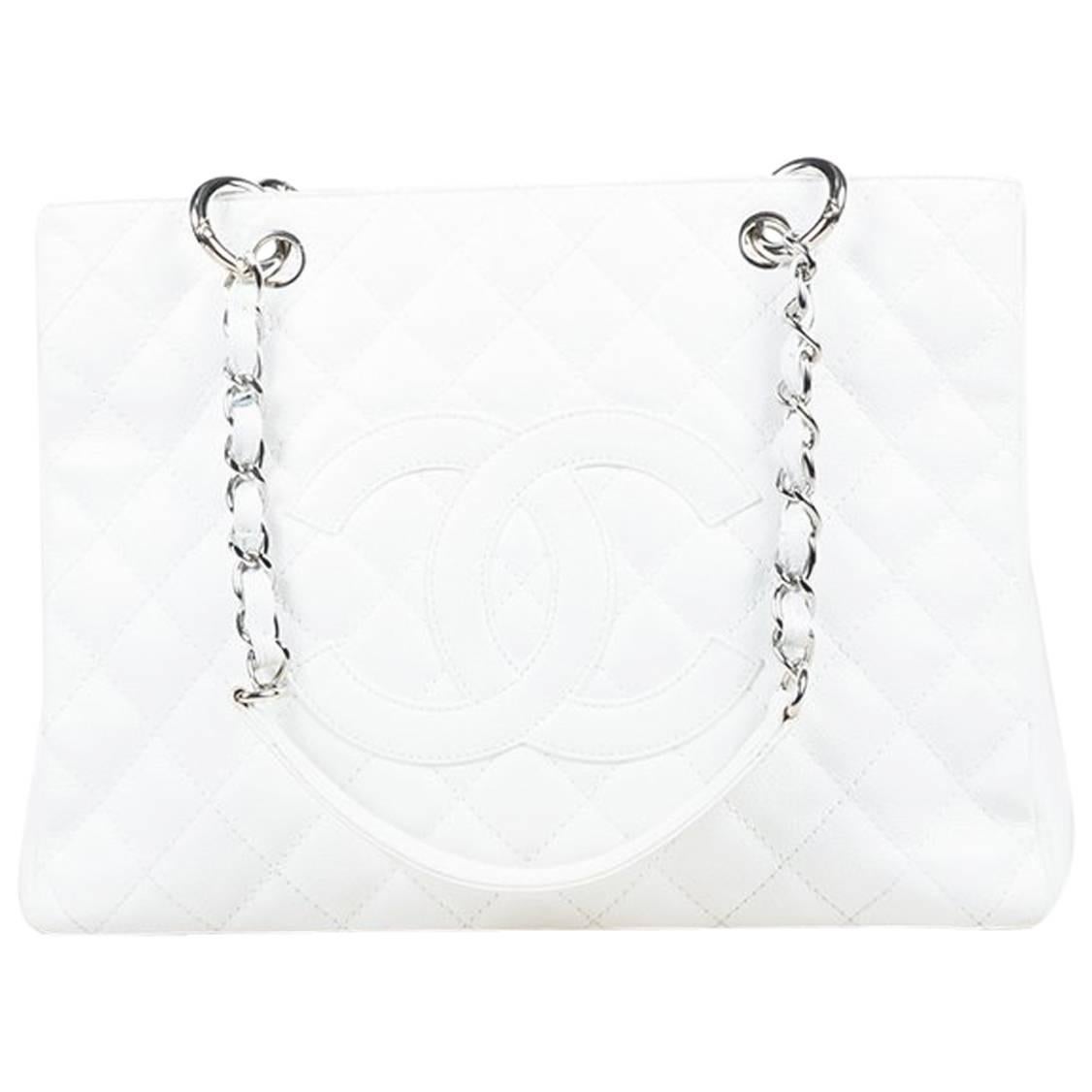 Chanel White Caviar Leather Quilted 'CC' "Grand Shopping Tote" Bag For Sale