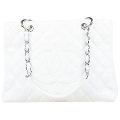 Chanel White Caviar Leather Quilted 'CC' "Grand Shopping Tote" Bag