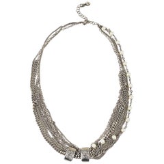 Used Chanel Silver Tone Chain Link Faux Pearl 'CC' Multi Strand Necklace