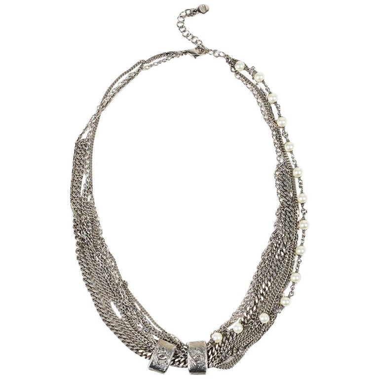 Chanel Silver Tone Chain Link Faux Pearl 'CC' Multi Strand Necklace For ...