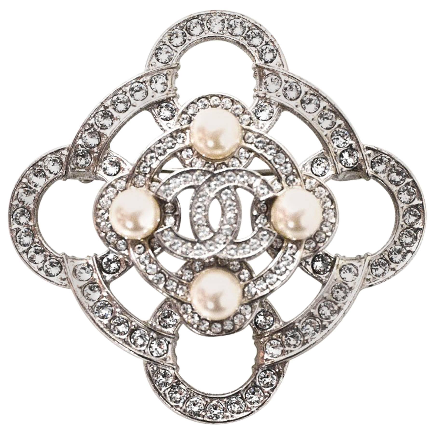 Chanel Pave Crystal and Pearl CC Brooch with Box