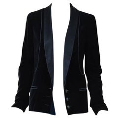 Chanel Black & White Velvet & Satin Lace Trim Tuxedo Jacket SZ 34