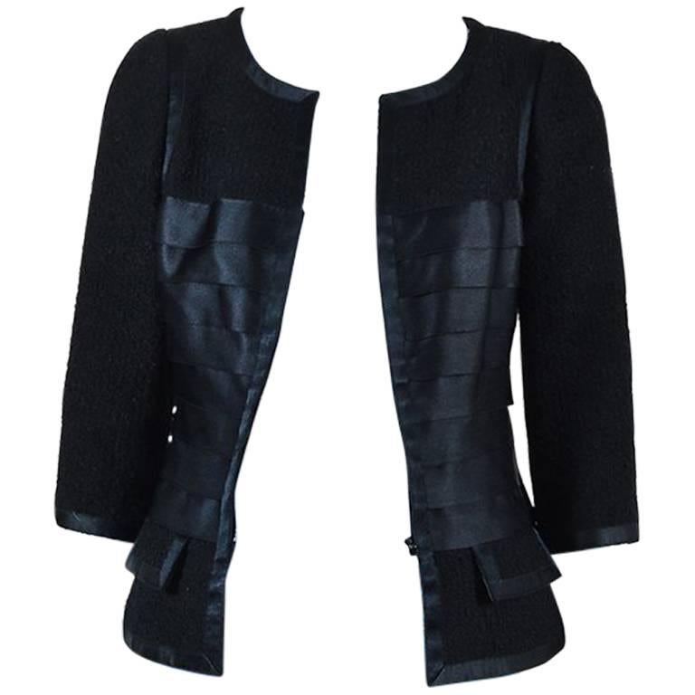 Chanel Autumn 2006 Black Tweed & Satin Tiered Trim Jacket SZ 40 For Sale