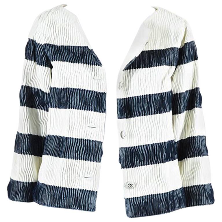 Chanel White Blue & White Lambskin & Silk Pleated 'CC' Button Jacket For Sale