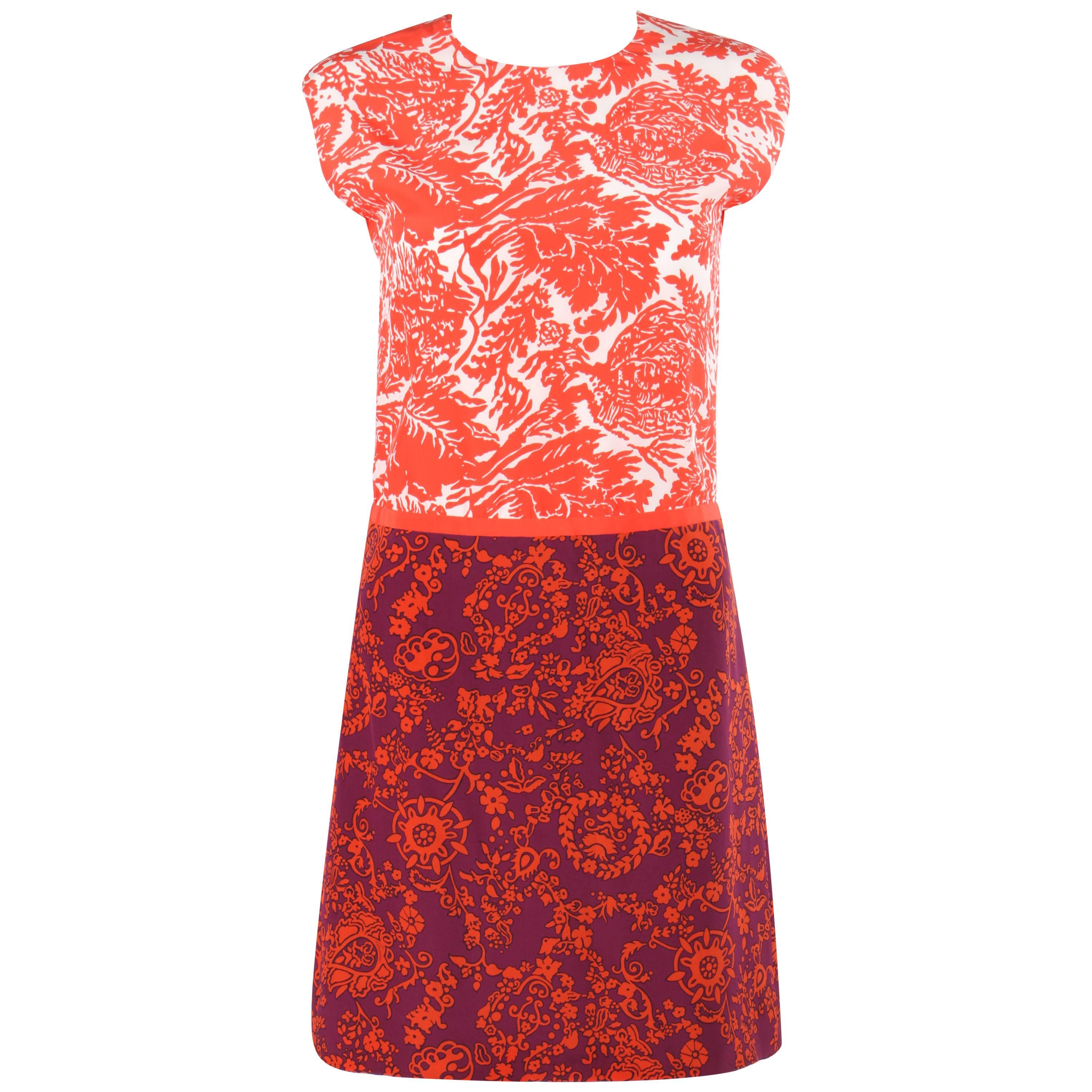 GUCCI Resort 2012 Orange & Purple Floral Print Silk Colorblock Shift Dress NWT For Sale