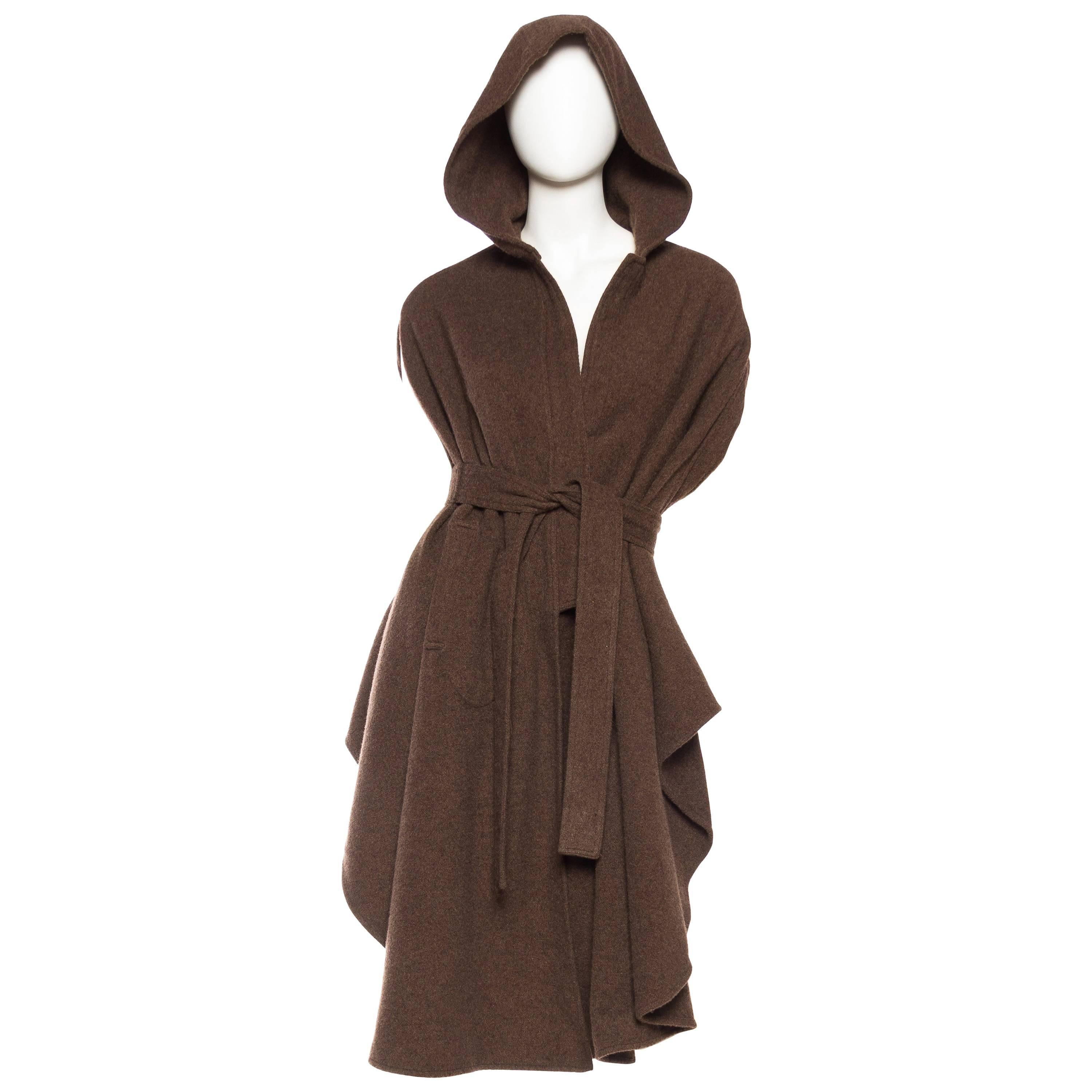 1980S Brown Wool Hooded Cape With Belt For Sale