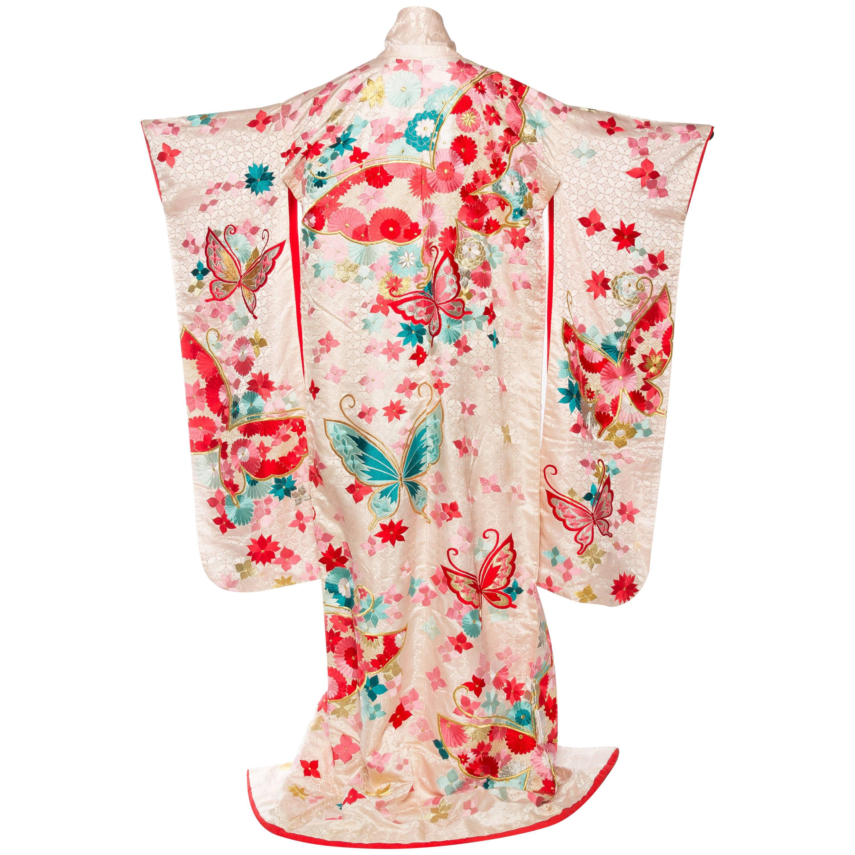 Vintage Kimono Embroidered with Butterflies and Flowers