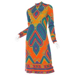1960S LEONARD Orange & Blue Wool Blend Knit Long Sleeve Moroccan Print Mod Dress