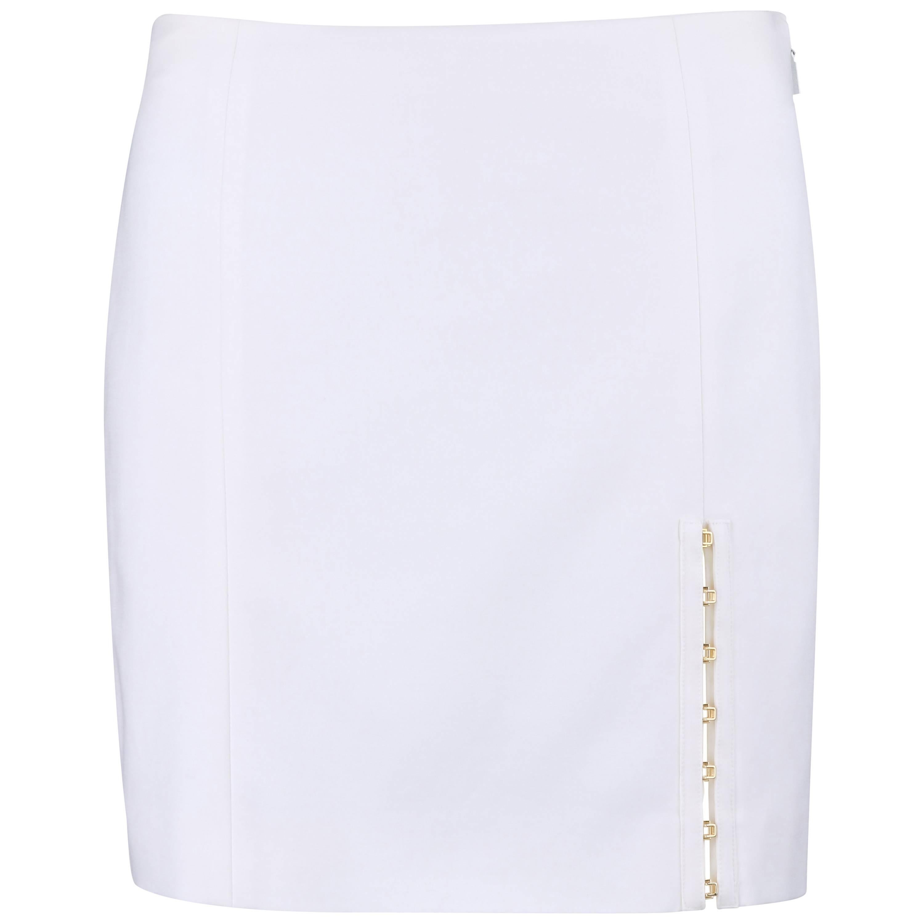 VERSACE S/S 2011 White Stretch Cotton Gold Hook Slit Detail Mini Skirt NWT