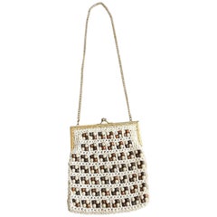 1970s Italian Ivory + Brown Hand Crochet Gold Chain Boho Vintage Shoulder Bag