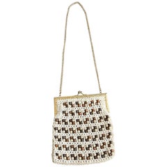 1970s Italian Ivory + Brown Hand Crochet Gold Chain Boho Retro Shoulder Bag 