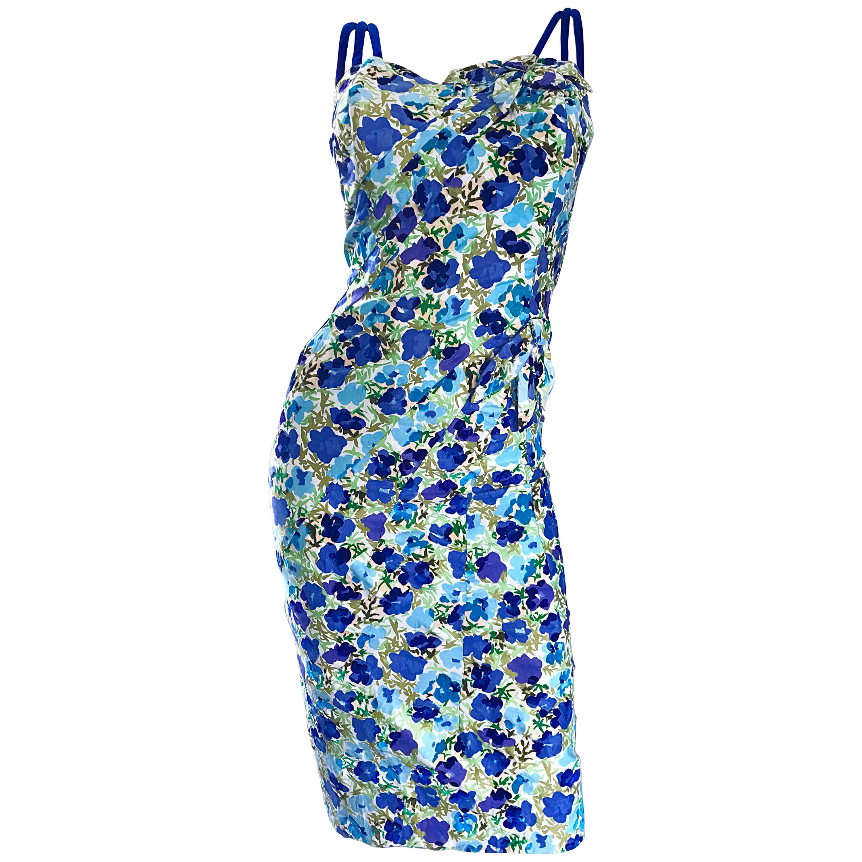 1950er Alix of Miami Vintage 50er Jahre Kleid in Blau + Grün mit Blumenmuster, Größe 14 Plus Größe im Angebot