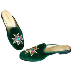 1990s Stubs & Wootton Size 8 Emerald Green Velvet Crest Flat Slides 90s Mules