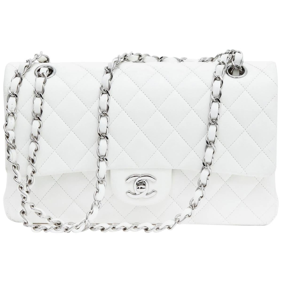 CHANEL 'Timeless' Double Flap Bag in Quilted White Lamb Leather