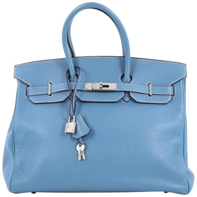 Hermes Blue Jean Clemence with Palladium Hardware 35 Birkin Handbag 