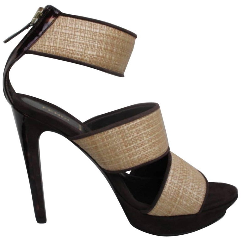Fendi Brown Suede Leather and wicker high heels For Sale at