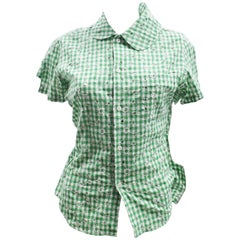 Junya Watanabe Green Gingham Floral Design Broderie Anglaise Short-Sleeve Shirt