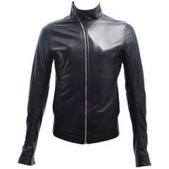 Rick Owens Black Leather Diagonal Zip Jacket with Asymmetric Collar 3