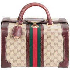 GUCCI VINTAGE Beige MONOGRAM Canvas TRAIN CASE Beauty w/ STRIPES