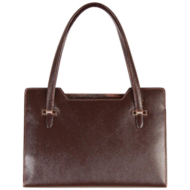 Gucci Vintage Brown Leather Handbag Top Handles Bag For Sale at 1stDibs