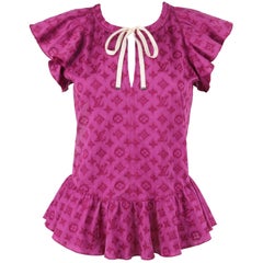 LOUIS VUITTON Magenta Embroidered LV Monogram Ruffled Blouse Top NWT 7