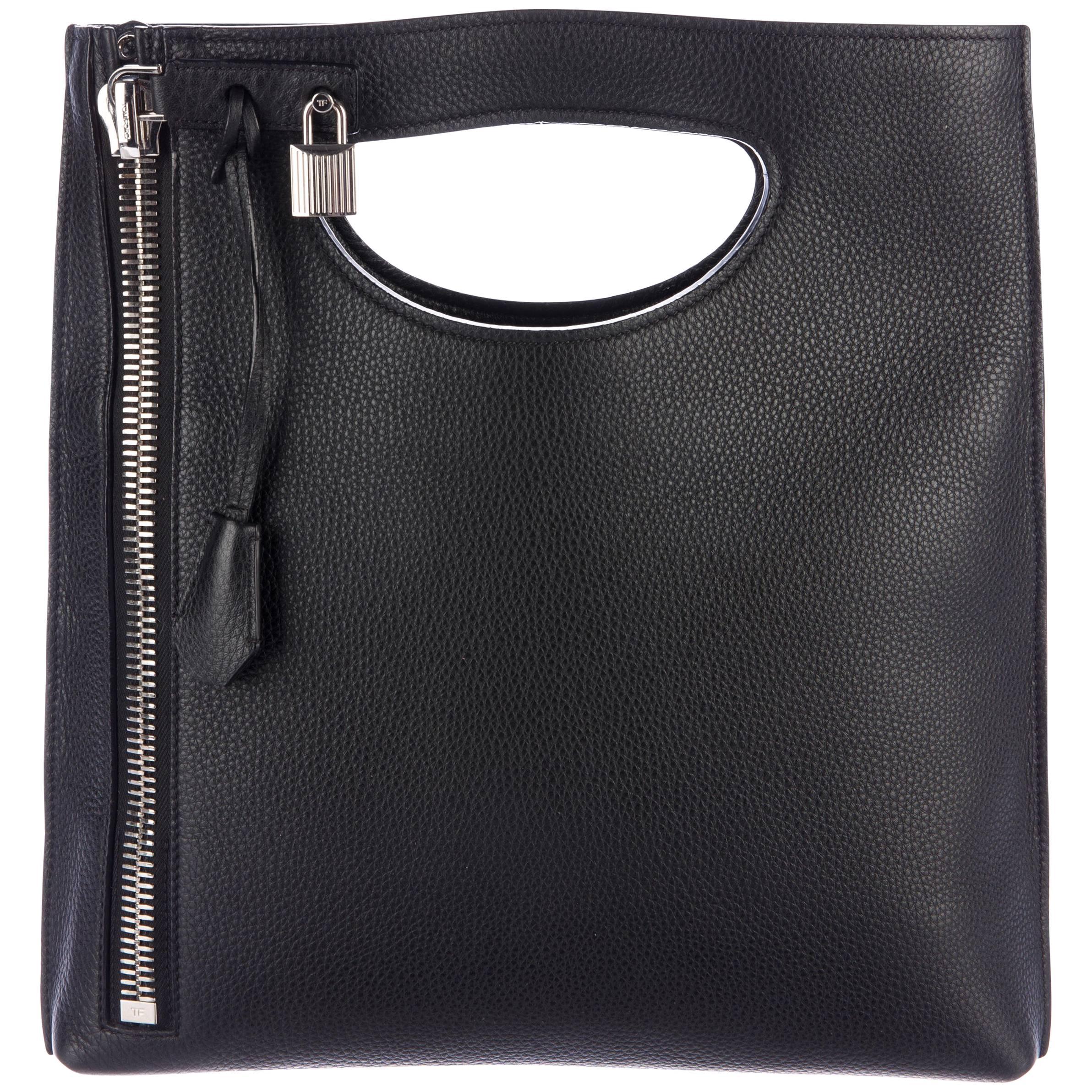 Tom Ford Black Leather Silver Lock 2 in 1 Evening Clutch Crossbody Shoulder Bag