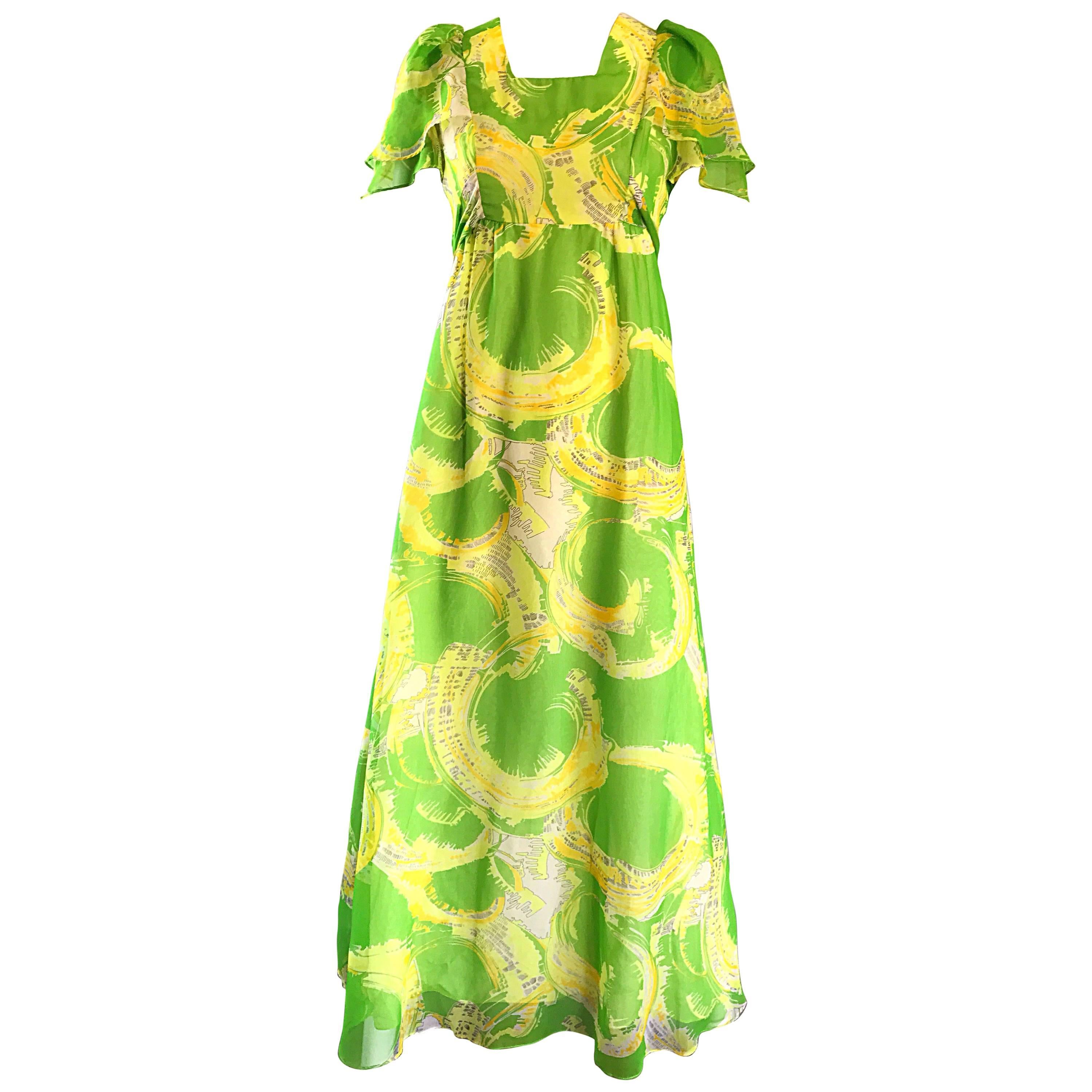1970s Neon Lime Green + Yellow Paint Splatter Vintage 70s Chiffon Maxi Dress
