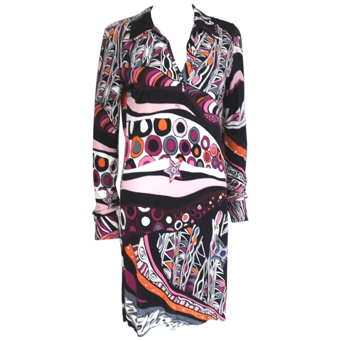 New Emilio Pucci Black Pink Print Shift Collar Dress It 42 uk 10  