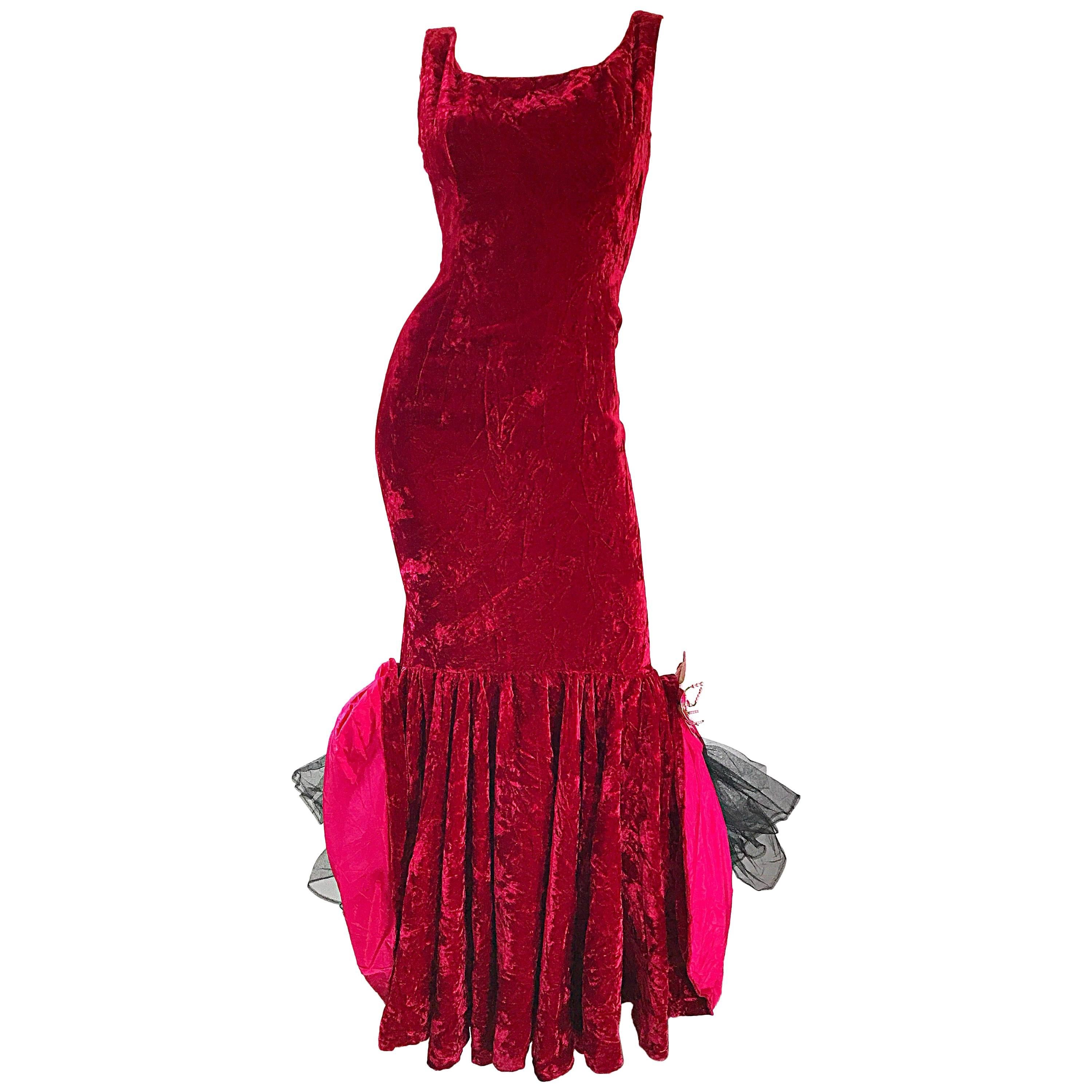 Sensational 1950s Demi Couture Crimson Red Crushed Velvet Vintage Mermaid Gown For Sale