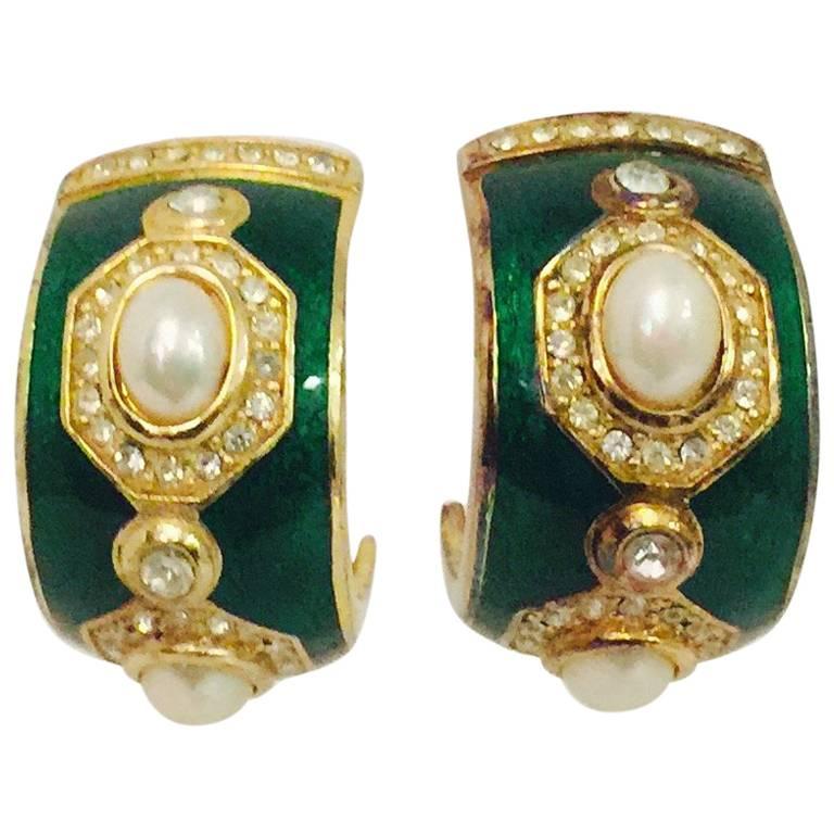 Vintage Christian Dior Exquisite Enamel Pearl and Crystal Earrings 