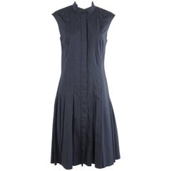 Oscar de la Renta Navy Cotton Sleeveless Pleated Dress - 8