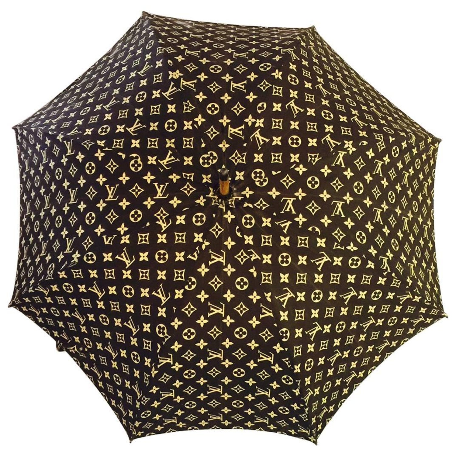 Vintage 1970s LOUIS VUITTON Wood Handle Cotton Fabric Umbrella Parasol  EXCELLENT