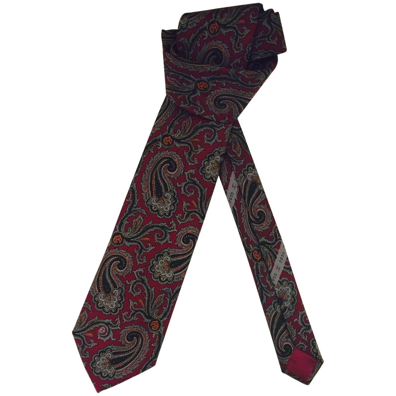 Clearly Chanel Multicolored Paisley Silk Tie on Burgundy Background