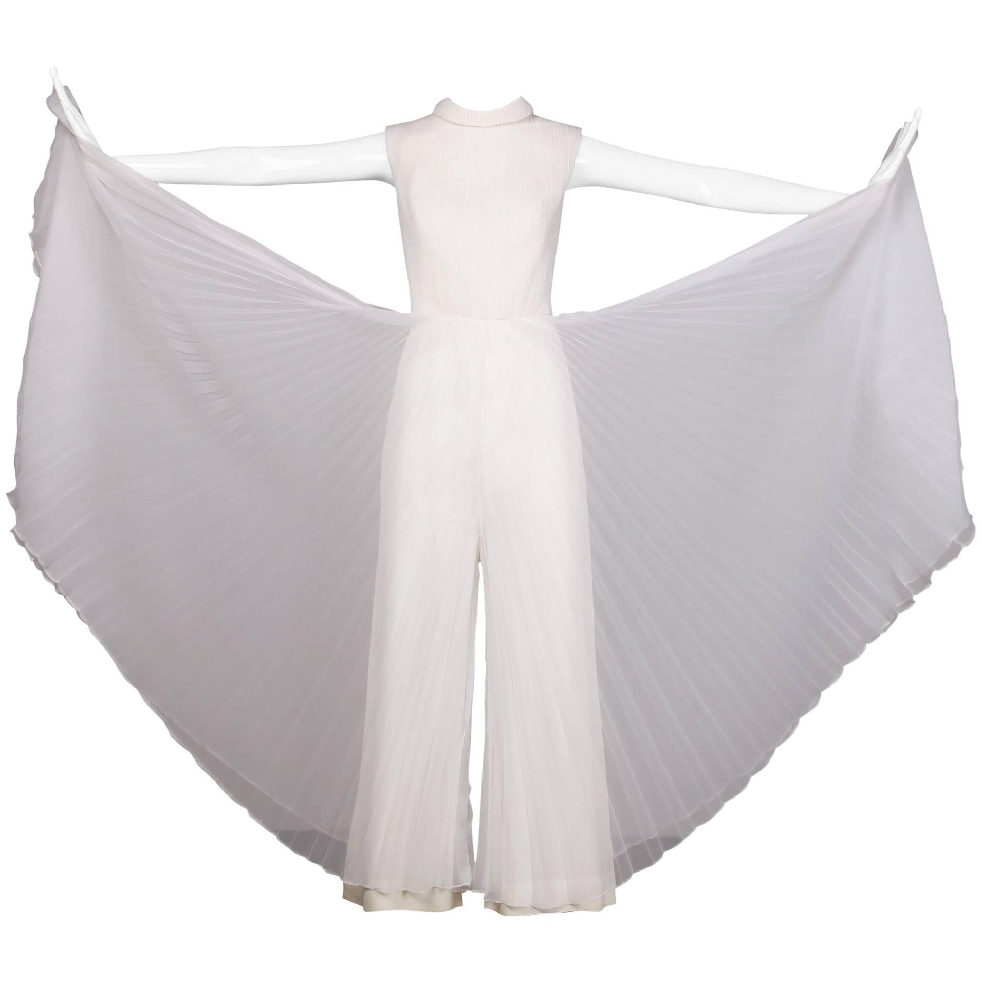 1970s Vintage White Organza Pleated Wide Leg Palazzo Jumpsuit or Pantsuit 