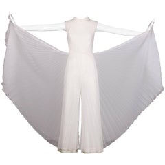 1970s Vintage White Organza Pleated Wide Leg Palazzo Jumpsuit or Pantsuit