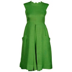 1960s Chester Weinberg Vintage Green Scalloped Linen Mod Dress