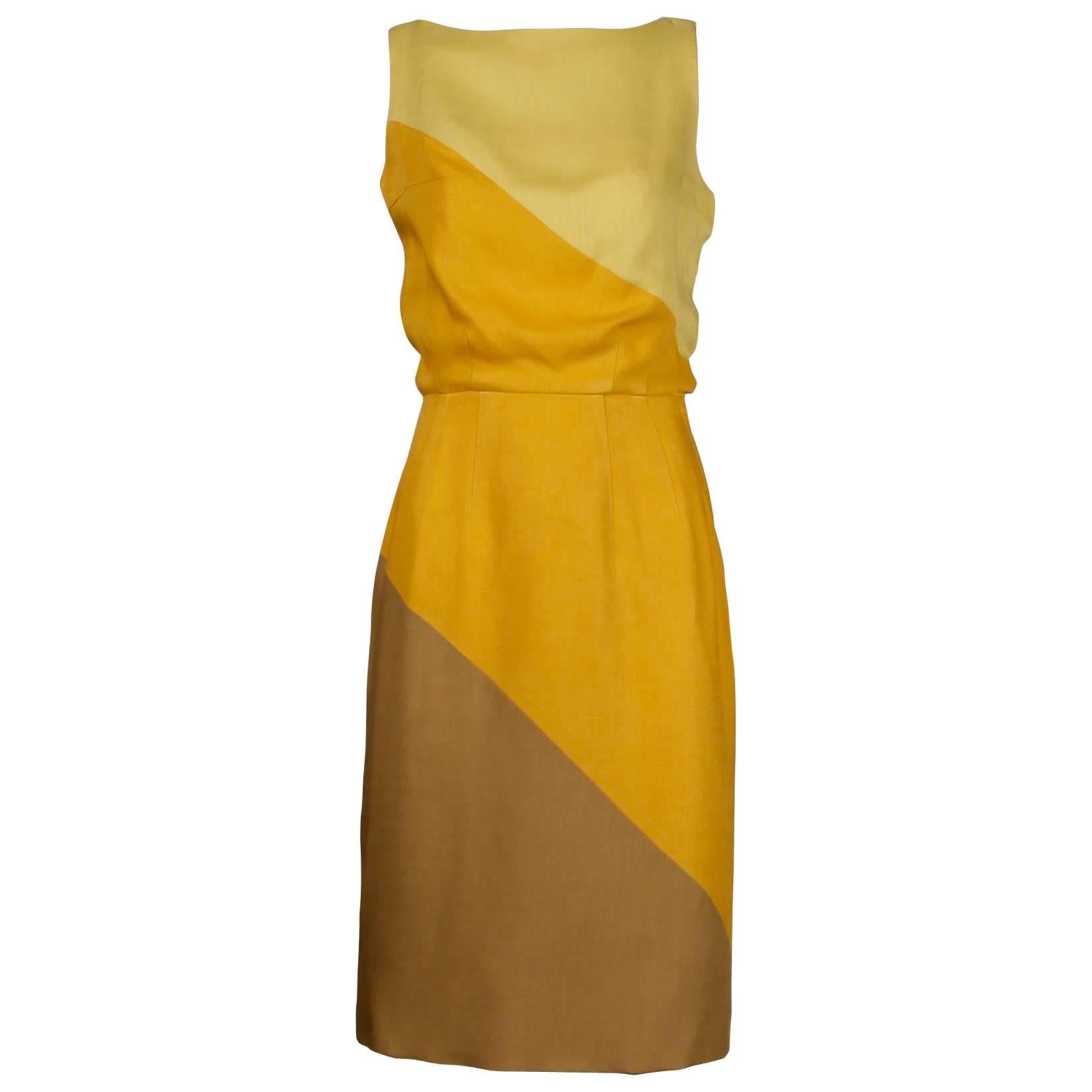 Estevez Vintage Yellow Linen Color Block Sheath Dress, 1960s 