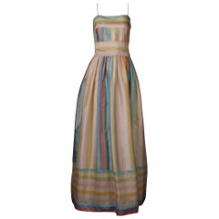Sakowitz Vintage Pastel Rainbow Striped Silk Maxi Dress/ Gown with Matching Sash