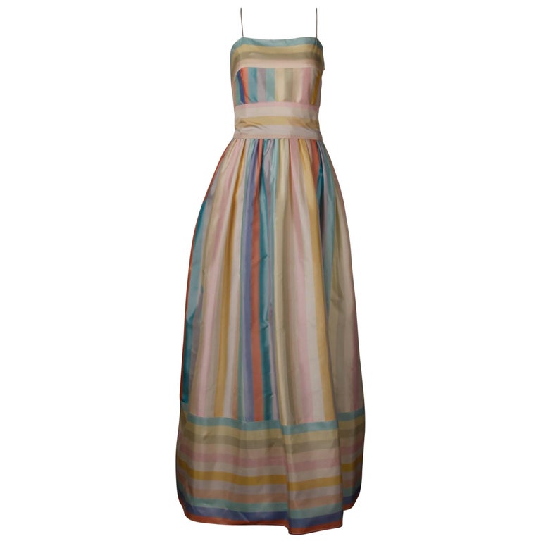 Sakowitz Vintage Pastel Rainbow Striped Silk Maxi Dress/ Gown with ...