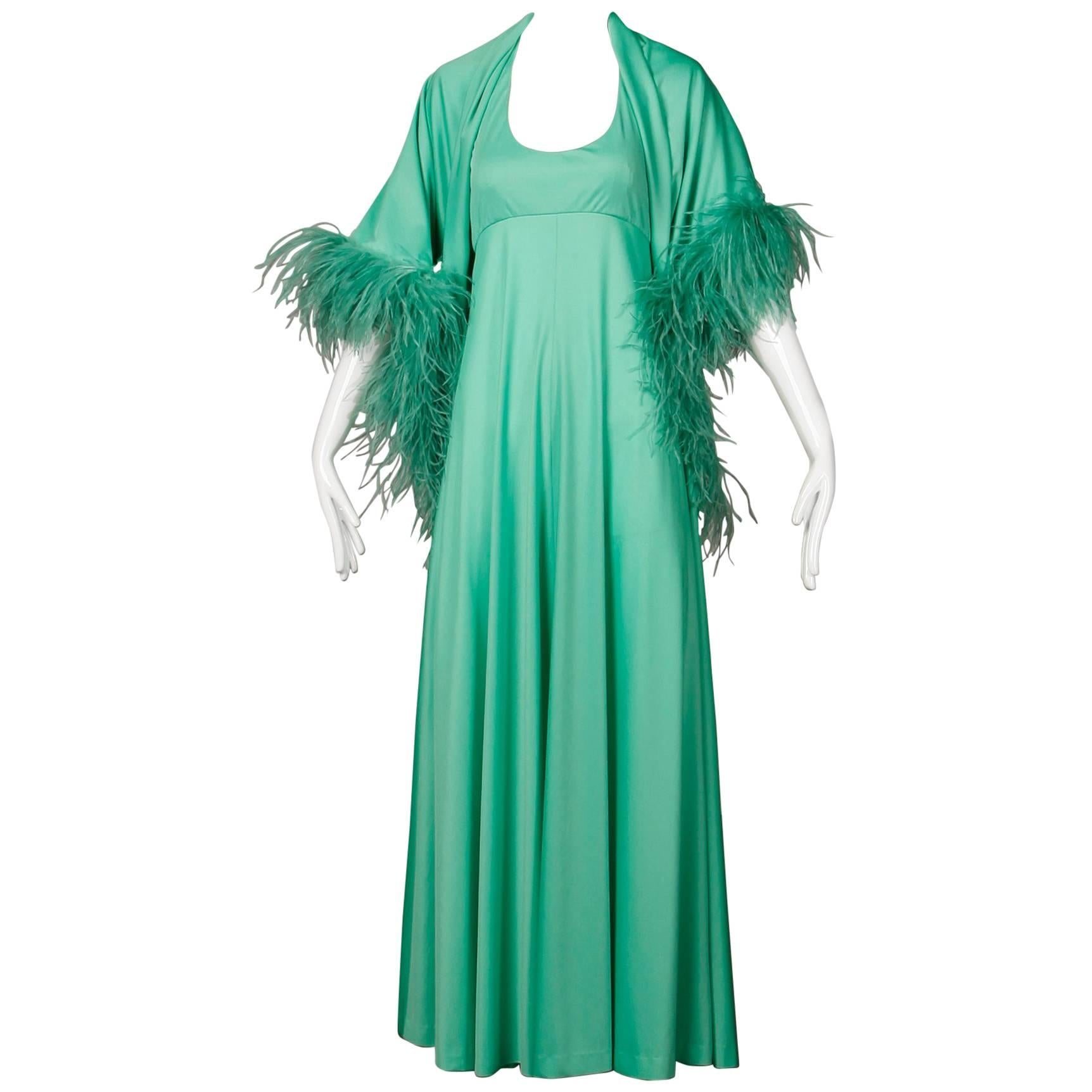 1970s Joan Leslie by Kasper Vintage Mint Green Maxi Dress + Ostrich Feather Wrap