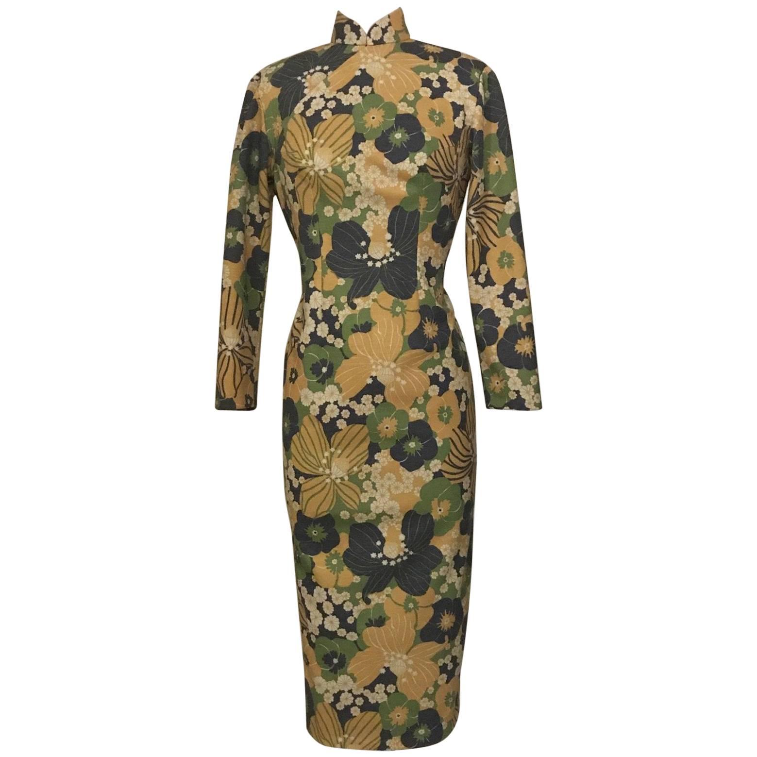 Cheongsam Green Gold and Navy Midi Dress and Vest Retro Floral Suit Set, 1960s 