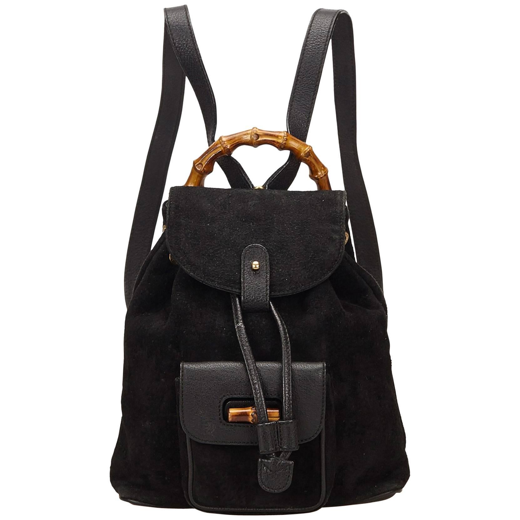 Gucci Black Suede Bamboo Backpack