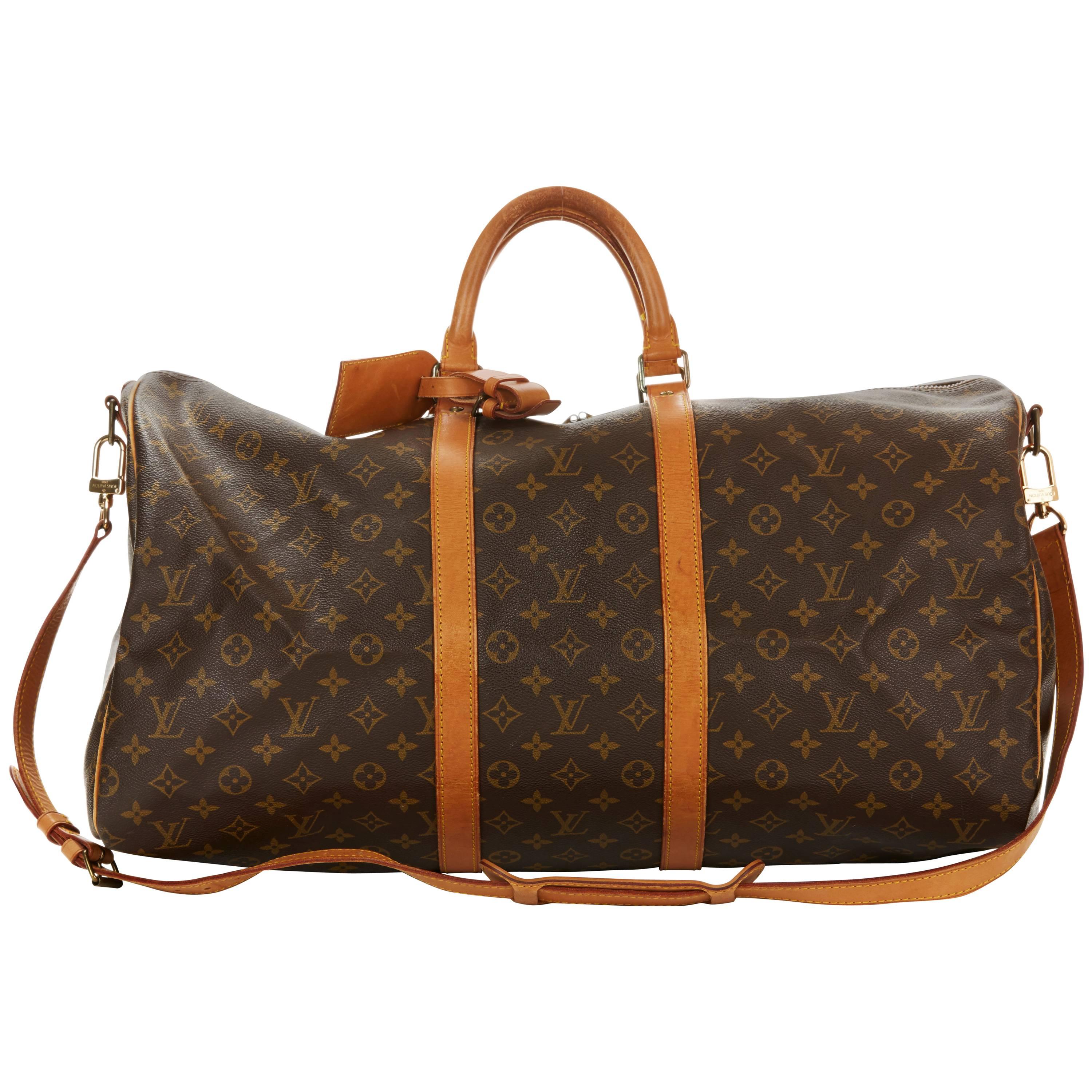 LOUIS VUITTON Brown Monogram Coated Canvas and Vachetta Leather Vintage Keepall  55 For Sale at 1stDibs