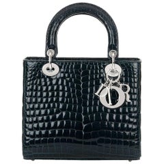 2016 Dior Dark Petrol Blue Shiny Porosus Crocodile Leather Medium Lady Dior