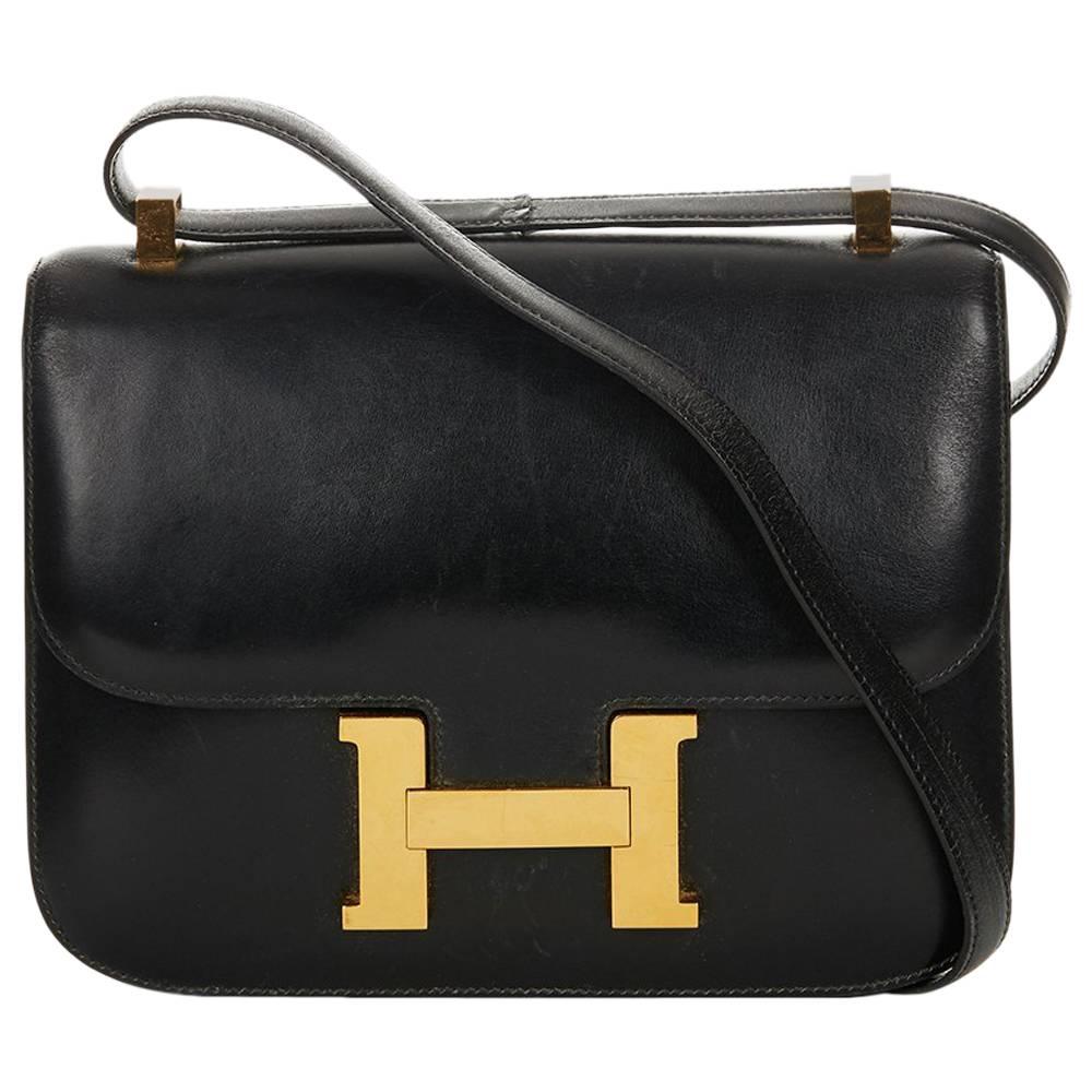 1968 Hermes Black Box Calf Leather Vintage Constance 23