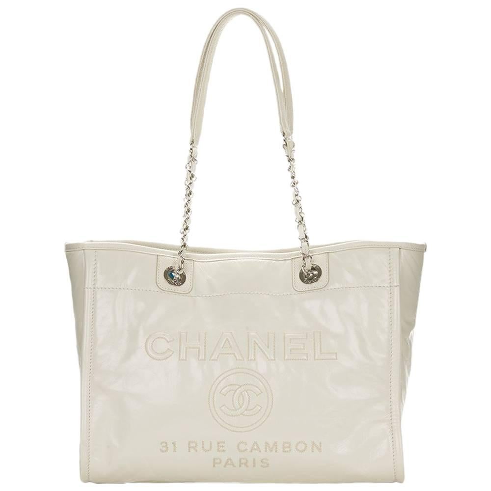 2016 Chanel White Glazed Leather & Caviar Leather Small Deauville Tote